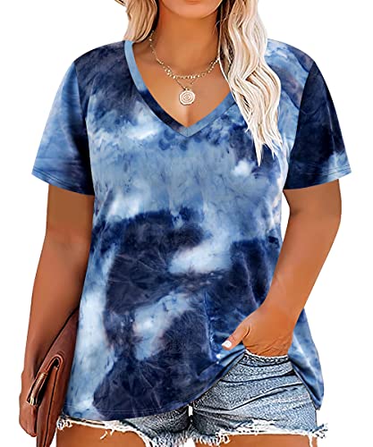 CARCOS Plus Size Tops for Women 4X Navy Blue Tie Dye Shirts V Neck Short Sleeve Tunics Color Block Casual Blouses Loose Fit 4XL 26W