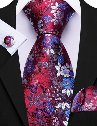 Image of Barry.Wang Flower Ties for Men Handkerchief Cufflinks Set Wedding Necktie Set Party