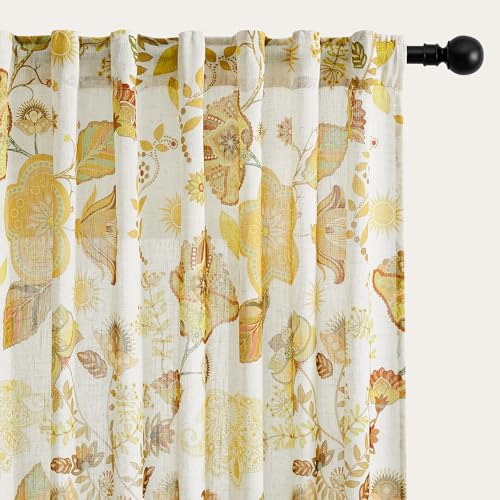 Image of XiDi Vintage Floral Curtains 63 inch Length 2 Panels Set for Living Room Back Tab Warm Farmhouse Bedroom Curtains Cottage Pretty Flower Patterned Linen Drapes Yellow Floral Pattern 52x63