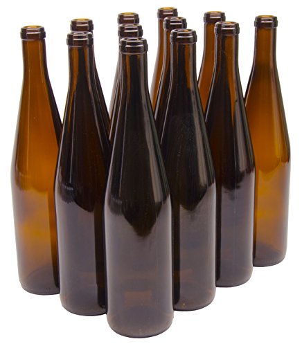 North Mountain Supply 750ml Glass California Hock Wine Bottle Flat-Bottomed Cork Finish - Case of 12 - Amber