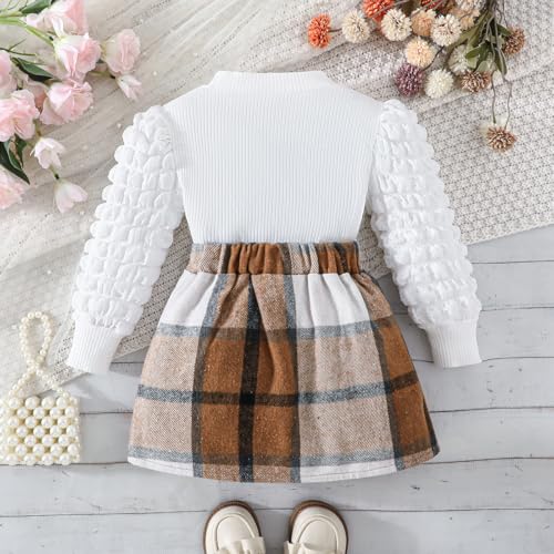 Image of Noubeau Toddler Girls Plaid Outfits Girls Puff Sleeve Knit Ribbed Shirt Tops Plaid Skirt Set Kids Fall Winter Clothes