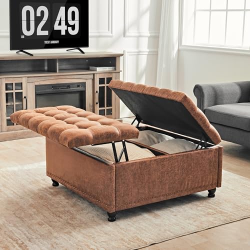 Redlife 35 Inch Large Ottoman with Storage Large Square Ottoman with Storage for Living Room Lift Top Ottoman Coffee Table Tufted Upholstered Storage Ottoman Oversized Ottoman Brown Leathaire
