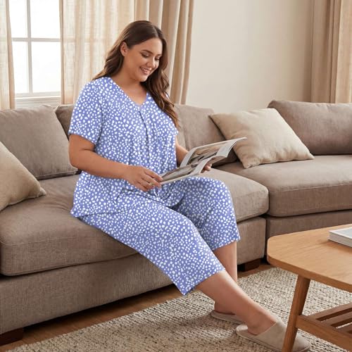 Image of Bestbee Women's Pajama Sets 2 Piece Lounge Outfits Summer Sleepwear V Neck Short Sleeve Capri Pant With Pockets Ladies Pjs