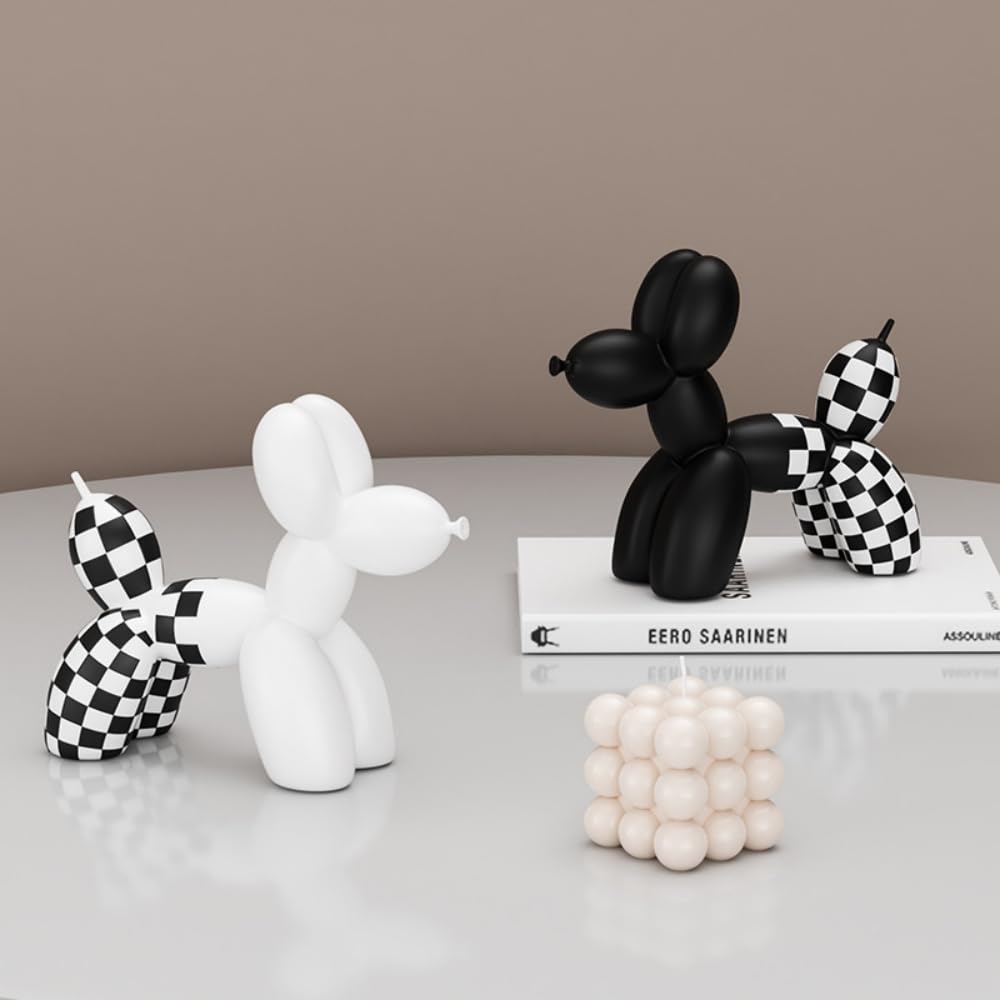 Escultura Perro Globo a Cuadros, Estatua de Resina, decoración para el hogar y la Oficina, para Sala de Estar, Dormitorio, Escritorio, 21 x 18 x 9 cm, Juego de 2 Piezas en Blanco y Negro