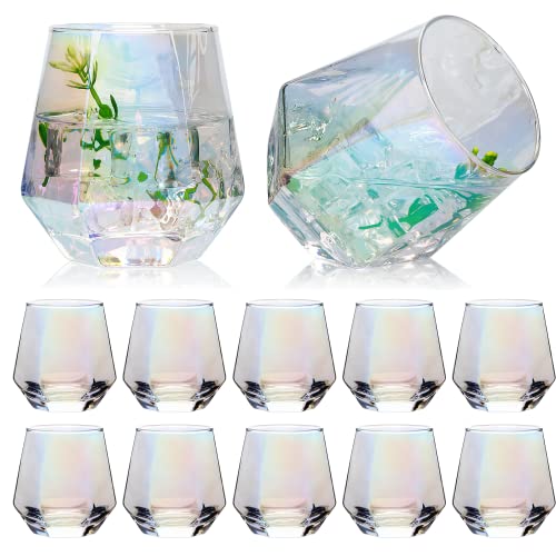 Nuxaoisgel Stemless Wine Glass 10 oz,Iridescent Glassware, Diamond Shape Glass for Gift, Modern Rainbow Wine Glass for Serving White Wine, Red Wine, Cocktail, Whiskey, Bourbon, Cool Water,Set Of 12