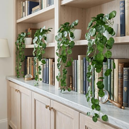 Image of Dekorly Artificial Hanging Garland with Pot - 100cm Rose Vine, 10cm Decorative Pot for Table, Shelf & Wall Decor (4, Vines-08)