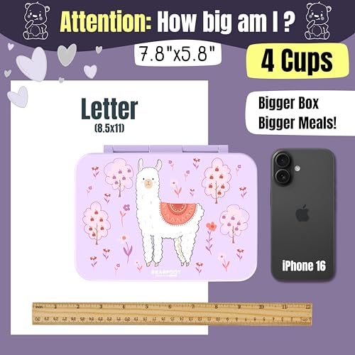 Image of BEARFOOT Kids Lunch Box with Compartments - Compact & Lightweight | Leak-Proof, BPA-Free, Dishwasher Safe | Hand-Drawn Design for Preschool, School, Travel (Llama Purple, 4 Cups) | BPA Free Leakproof Lunch Box with Compartments School & Nursery for Girls & Boys Lightweight & Compact