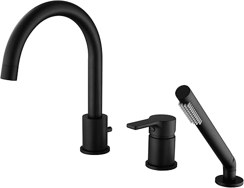 SUMERAIN Grifo de bañera romano negro mate 3 agujeros de montaje en cubierta grifo de bañera con rociador de ducha de mano Mate