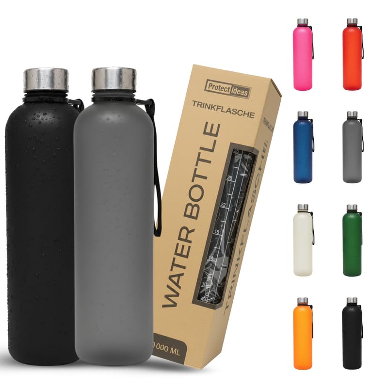 BierEx Trinkflasche 1l - Kohlensäure geeignet & Auslaufsicher - Für Sport, Schule & Büro - Sport Trinkflasche Gym - Wasserflasche Sprudel geeignet - Sportflasche 1 Liter (2 Stück Schwarz - Grau)