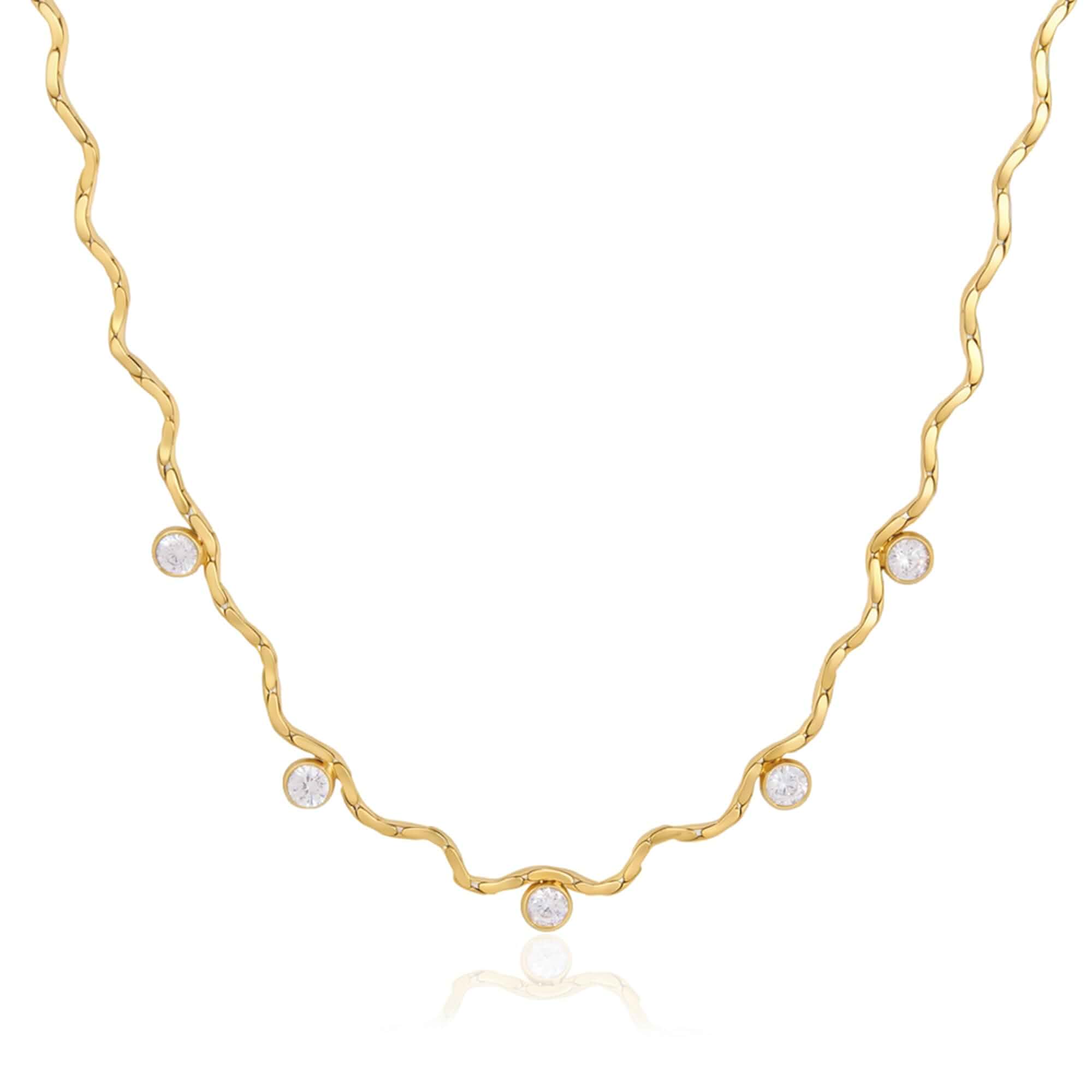 Wave Necklace 18K Gold Plated Stainless Steel Wave Zircon Y Necklace Waterproof Hypoallergenic Charm Clavicle Chain Vacation Jewelry，Minimalist Everyday Ideal Jewelry Gift