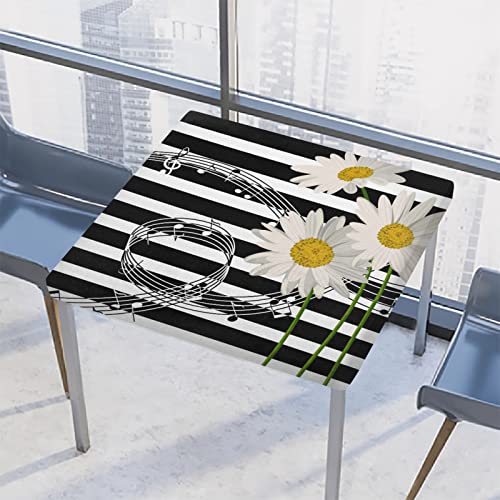 AUUXVA Music Note Dasiy Square Tablecloth with Elastic Edge,Black White Stripe Fitted Table Cloth Waterproof Wipeable Square Table Cover for Dining Kitchen Party Indoor Outdoor Patio Table 34x34 Inch