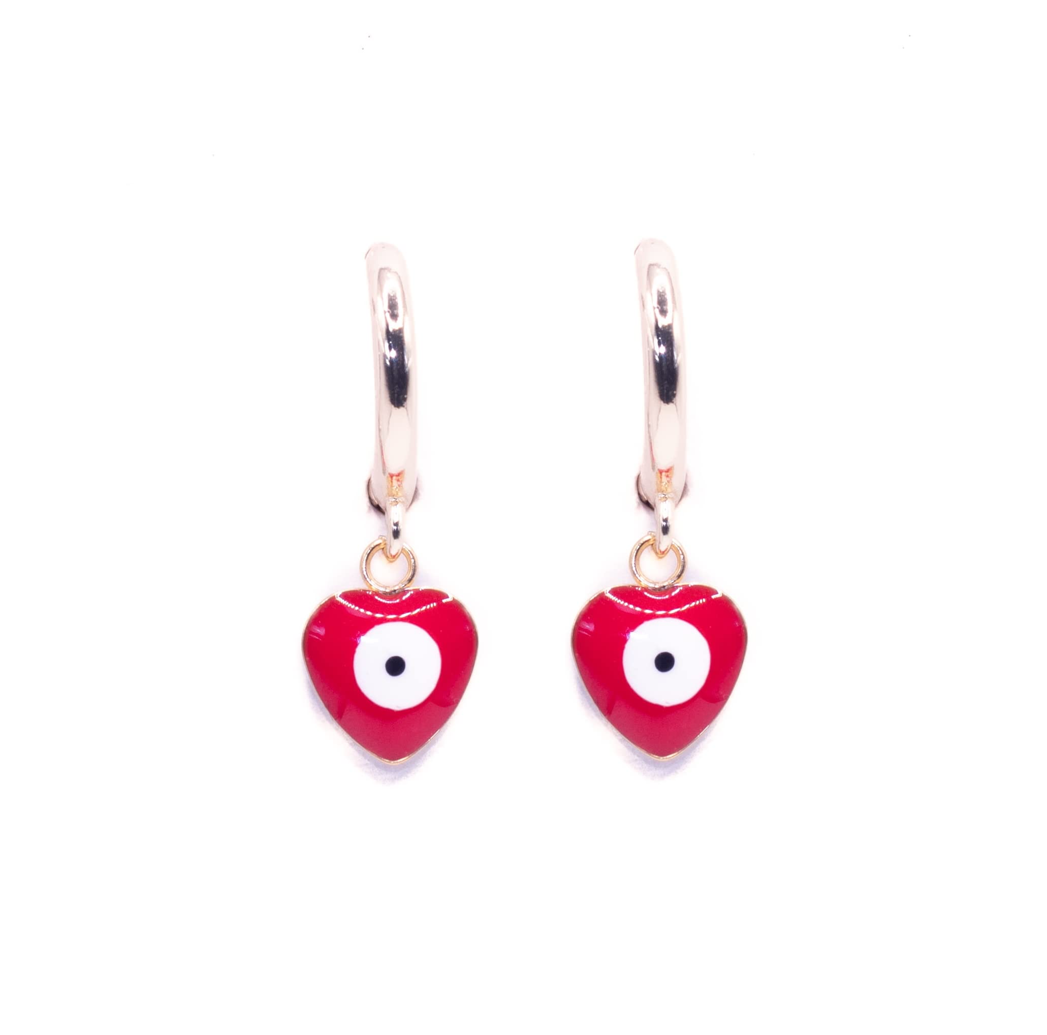 NILUXE DESIGNPendientes ojo turco corazón chapado en oro - Pendientes amuletos de protección dorados - Pendiente ojo malvado – Talismán de la suerte – Aros mujer (Rojo)
