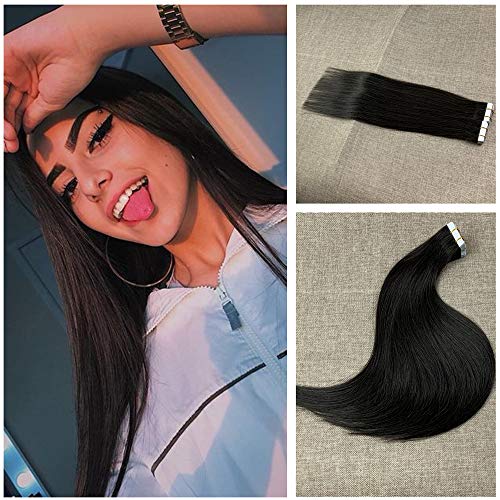 Komorebi #1B Natural Black-20Inch Tape in Human Hair Extensions 20pcs 40g Straight Human Hair Seamless Skin Weft Extensions 100% Human Hair
