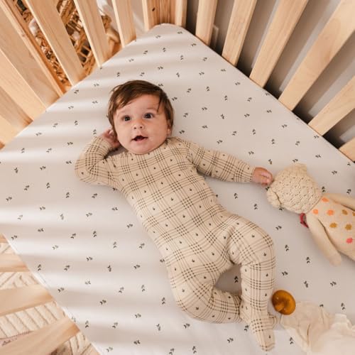 Image of Ely's & Co. Patent Pending Waterproof Pack and Play Sheets, 100% Cotton with Waterproof Lining - 2 Pack Fitted Mini Crib Sheet Set, Berry and Cluster Dot (Sage) 38 inch x 24 inch