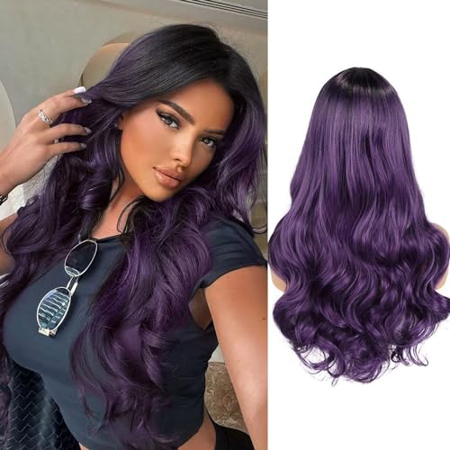 WIGER Long Curly Wavy Wigs Long Ombre Purple Wigs Ombre Dark Purple Wavy Hair 26 Inch Middle Part Synthetic Colored Wigs for Women 2 Tones Full Wigs f