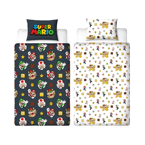 Parure de lit Nintendo Super Mario Officielle avec Motif Mario, Luigi et Bowser | Housse de Couette réversible Double Face Noire avec taie d'oreiller Assortie
