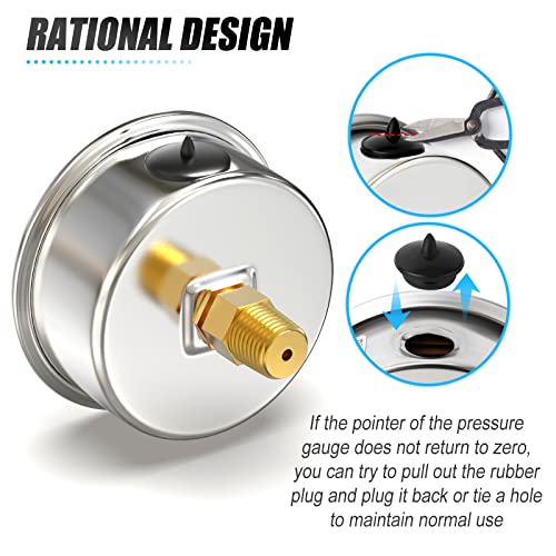 Image of MEANLIN MEASURE 0~60Psi Stainless Steel 1 /4 inch NPT 2.5 inch Single Scale FACE DIAL, Glycerin Filled Pressure Gauge, Pool Sand Filter, Back Mount, with 1 /2 inch NPT and 3 /8 inch NPT Hex Bushing
