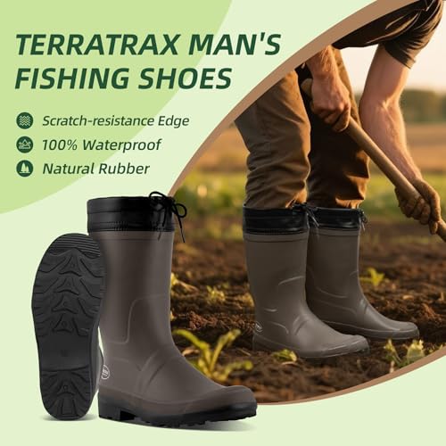 Image of Men's Natural Rubber Rain Boots - Mid Calf Waterproof Mud Boots for Gardening, Fishing & Farming, Lightweight Anti-Slip Deck Shoes, Hands-Free Removal