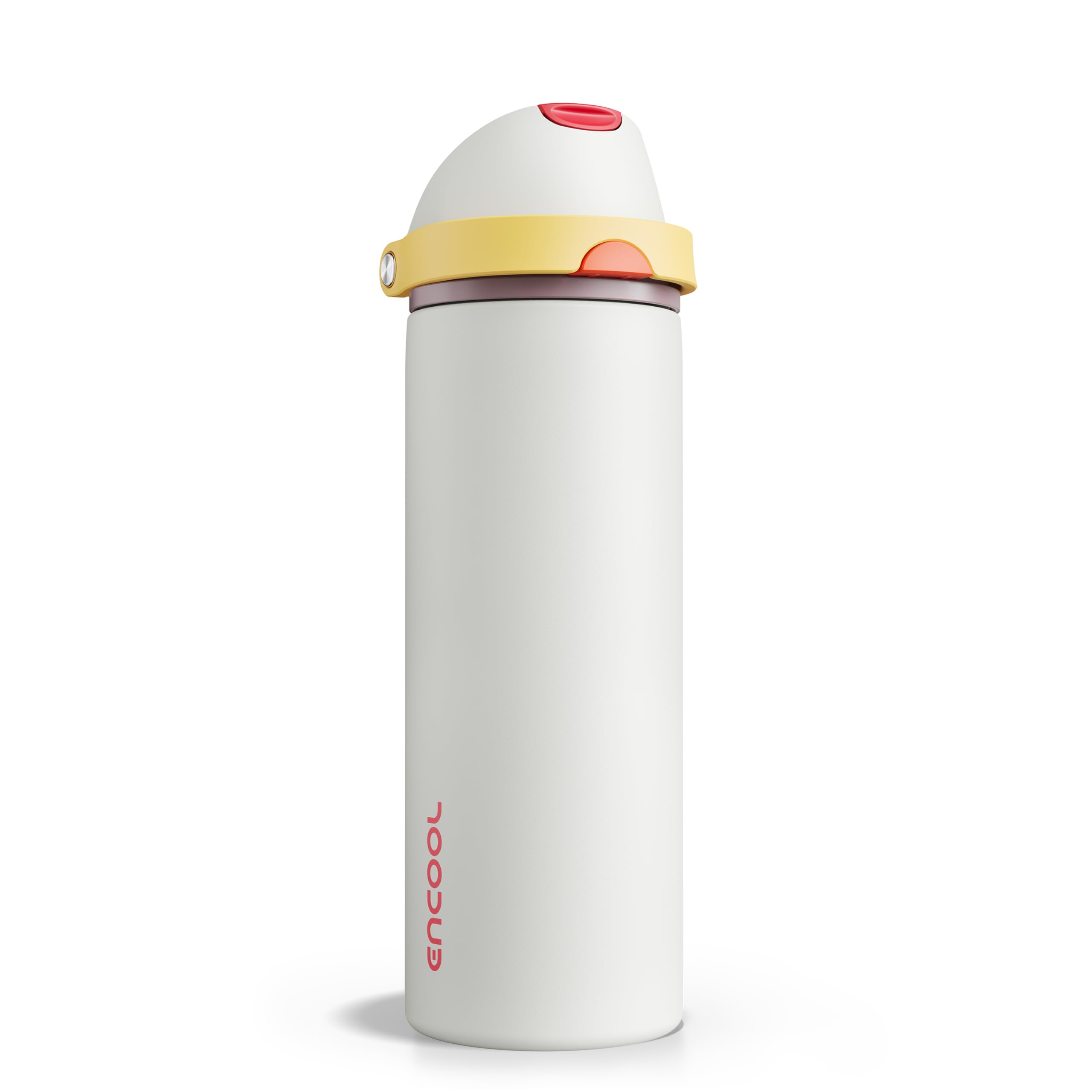 Insulated Water Bottle with Straw - Encool Stainless Steel Water Bottle with Push Button Lid, Leak-Proof &amp; BPA-Free, Keeps Cold for 24 Hours for Sports, Travel, Gym (24 oz, Quill Grey-Red)