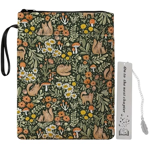 GIONAR Book Pouch Waterproof Book Sleeve with Zipper Protector Cover Pouch with 1 Stainless Steel Bookmark for Most Books Kindle A5 Notebooks 11.4×8.2 InchCat Flower Design