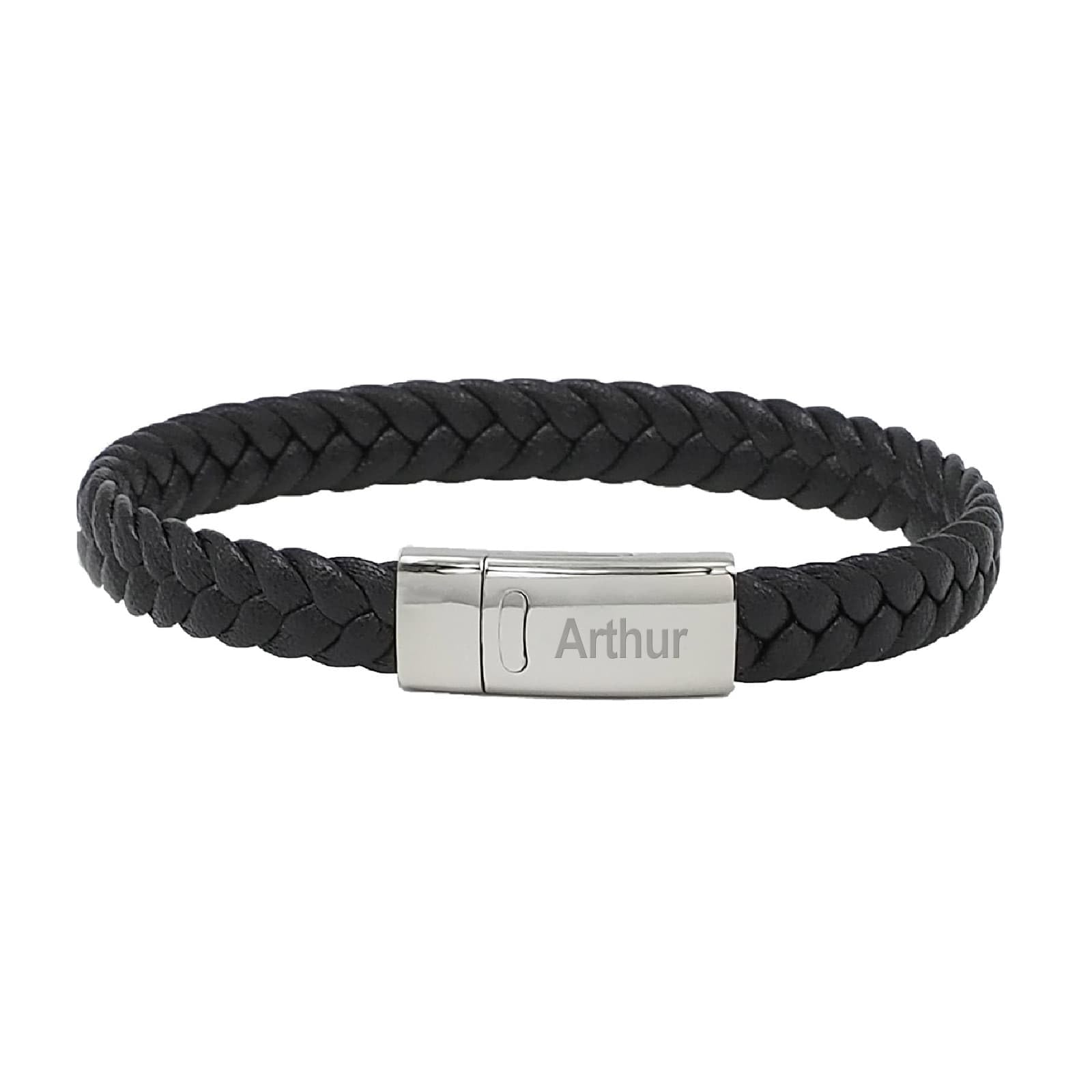 Bracelet homme personnalisé en cuir tressé noir avec boucle argentée - Idée cadeau homme - Noël - Saint Valentin - Anniversaires - Fête des Pères