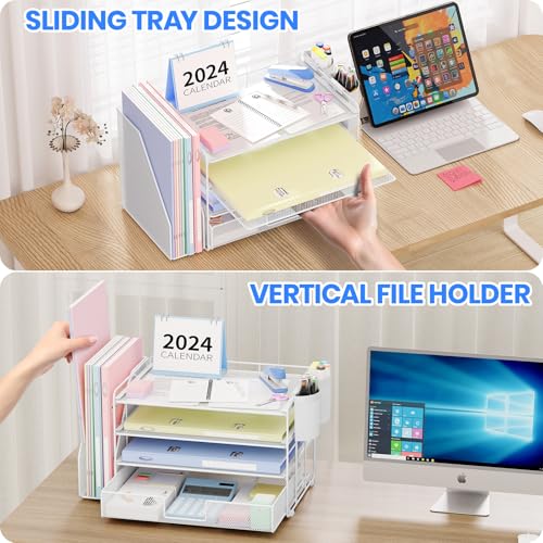 Image of OPNICE Desk Organizer, 4-Tier Desktop File Organizer with Drawer and Pen Holders, Office Desk Accessories, File Sorters, Workspace Organizers for Office Supplies(White)