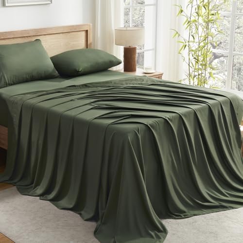 Image of Andency King Sheets Set 100% Viscose Derived from Bamboo, Olive Green | Cooling Summer Sheets, Deep Pocket Up to 16 inch, Silky Soft Hotel Luxury Breathable Bedding Sheets & Pillowcases