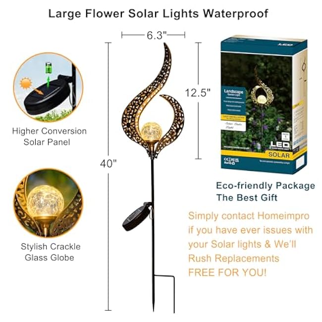 HOMEIMPRO Outdoor Garden Solar Lights Stake, Mothers Day Gifts Mom,Crackle Glass Metal Flower Waterproof LED Fairy Lights for Pathway,Lawn,Patio or Courtyard,Gardening Gifts Women (Bronze)