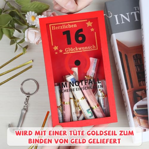 Anruzon - Originelle 16 Geburtstag Geschenk mädchen & Junge - 16.Geburtstag Geldgeschenke - Lustige Notfallbox mit Hammer und Seil - Deko Holzkiste - Personalisierbares Geschenk