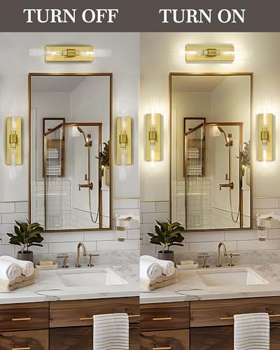 Image of HWH Brushed Gold Wall Sconces Set of 2, 2-Light, 5HY104B-2W-2PK BG | Wall Mounted, Vertical and Horizontal Mounting, Vanity Light Bar, 24-Inch Bathroom Vanity Lights Over Mirror, For Bedroom