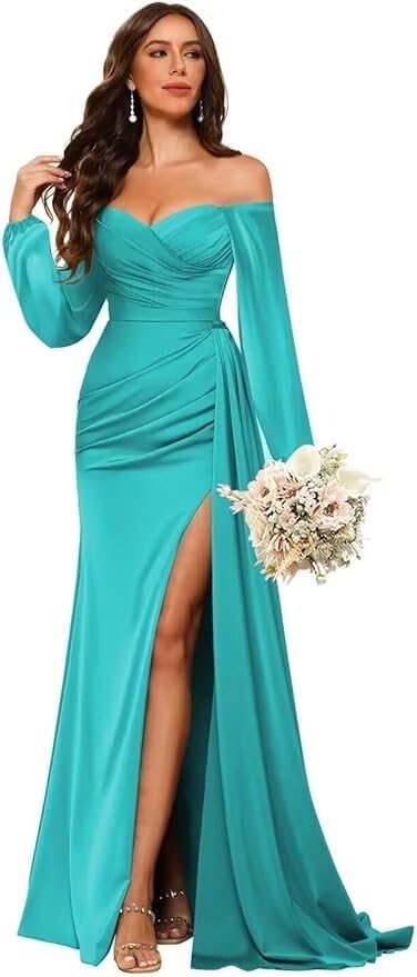 Amazon.com: vintys Elegant Ruched Satin Bridesmaid Dresses Long with  Sleeves Mermaid Split Semi Formal Dresses for Juniors Aqua Blue : Clothing,  Shoes & Jewelry