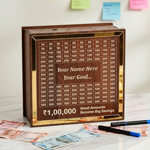 Deskart Custom Money Saving Challenge Box | 1 Lakh Money Savings Box | Premium MDF with Golden Mirror Front | Trending Savings Tracker Gift for Adults & Kids (with Name Printing)