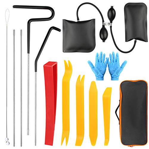 14 Pieces Automotive Tools Professional Car Tool Kit Automotive with Easy Entry Long Reach Grabber, Non-Marring Wedges, Air Wedge, Air Pump Bags, Pulling Cable, Rubber Gloves and Carrying Case Bag