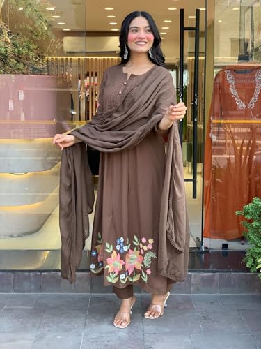 Image of GoSriKi Women's Rayon Viscose Embroidered Anarkali Kurta with Pant and Dupatta | Three Piece Ethnic Kurta Set for Women with Elegant Design