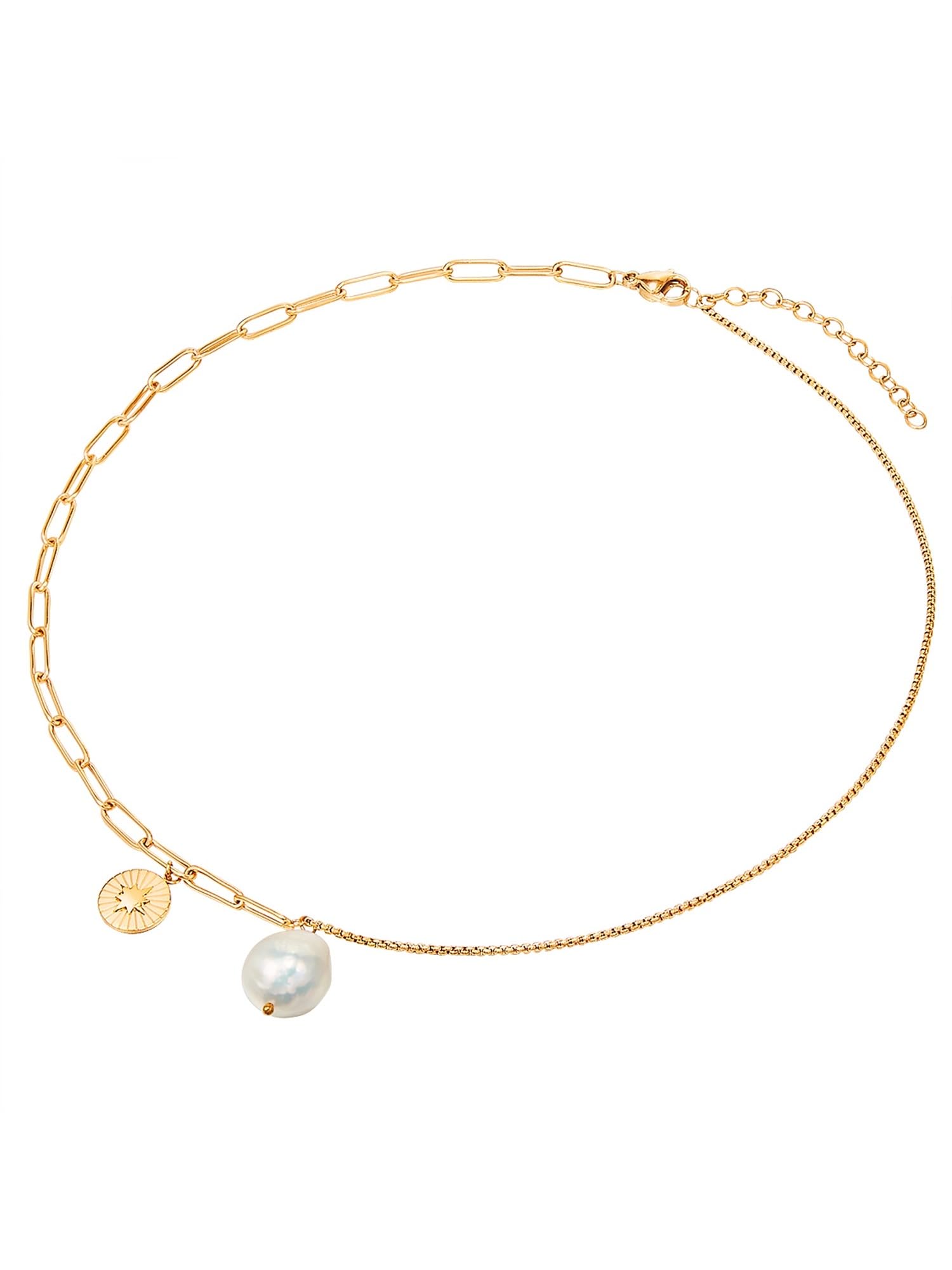 Valero Pearls Damen Kette aus Edelstahl gelbvergoldet mit Barock Süßwasser-Zuchtperle 10 mm weiß - Edelstahlhalskette Gelbgold mit Perle und Stern