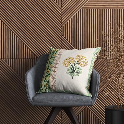 Image of BLOCKS OF INDIA Hand Block Printed Cotton Linen Cushion Cover (16 x 16 inches) (DYE Green Yellow Half)