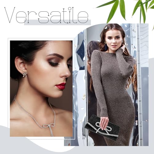 Image of Cutecrop 3 Pcs Fashion Women Bow Evening Clutch Jewelry Set, Black Bag Purse Wedding Rhinestone Necklace Earrings for Prom Party