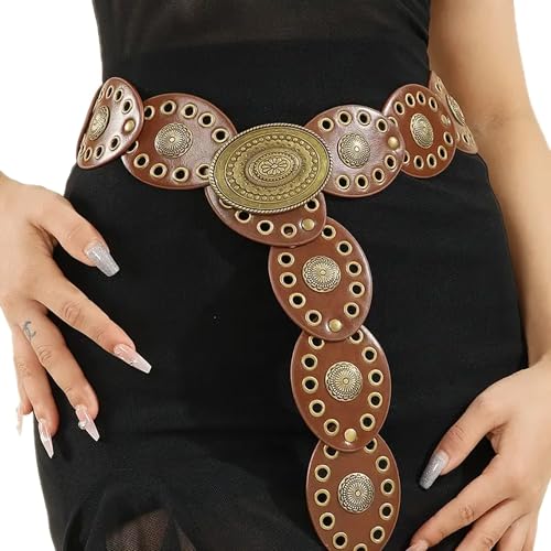 Women Wide-Disc Western-Belts Vintage-Cowgirl Concho-Waist Belt Chunky Country Belts for Jeans Pants