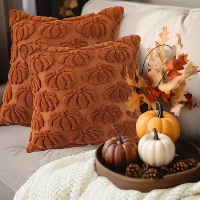 2 Pieces Fall Pillow Case Cover 18x18 Pumpkin Pattern Soft Plush Faux Wool Couch Throw Pillow Covers Decoration