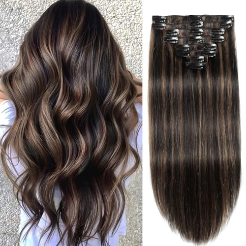 Image of Clip in Hair Extensions Real Human Hair Invisible Remy Human hair Clip in Extensions for Women Seamless Double Weft 8pcs 24 inch 120g /4.2oz Balayage Black Brown Highlight Chestnut Brown