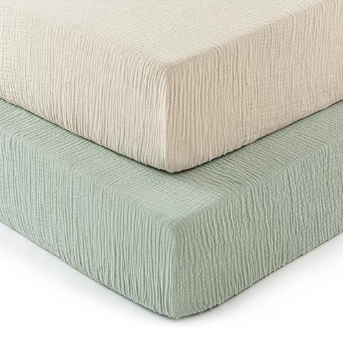 Image of david's kids Muslin Crib Sheets for Boys Girls, 2 Pack 100% Cotton Soft Breathable Fitted Baby Neutral Sheet Set, Standard 52 inchx28 inch Crib and Toddler Mattress, Oat Milk & Sage Green