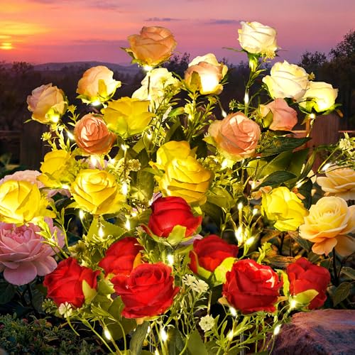 GIGALUMI 4 Pack Solar 28 Roses Flowers Outdoor 2 Modes Multicolored