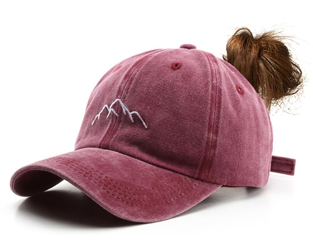 YULOONG Women's Ponytail Baseball Cap Mountain Embroidery Retro Washed Cotton Hat Sun Cap Adjustable Golf Sports Cap