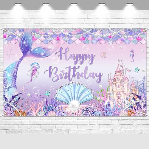 Image of Avezano Mermaid Birthday Banner Mermaid Birthday Backdrop, Under The Sea Backdrop for Girls Party Decorations Princess Castle Scales Photo Booth Props 6 x 3.6 ft