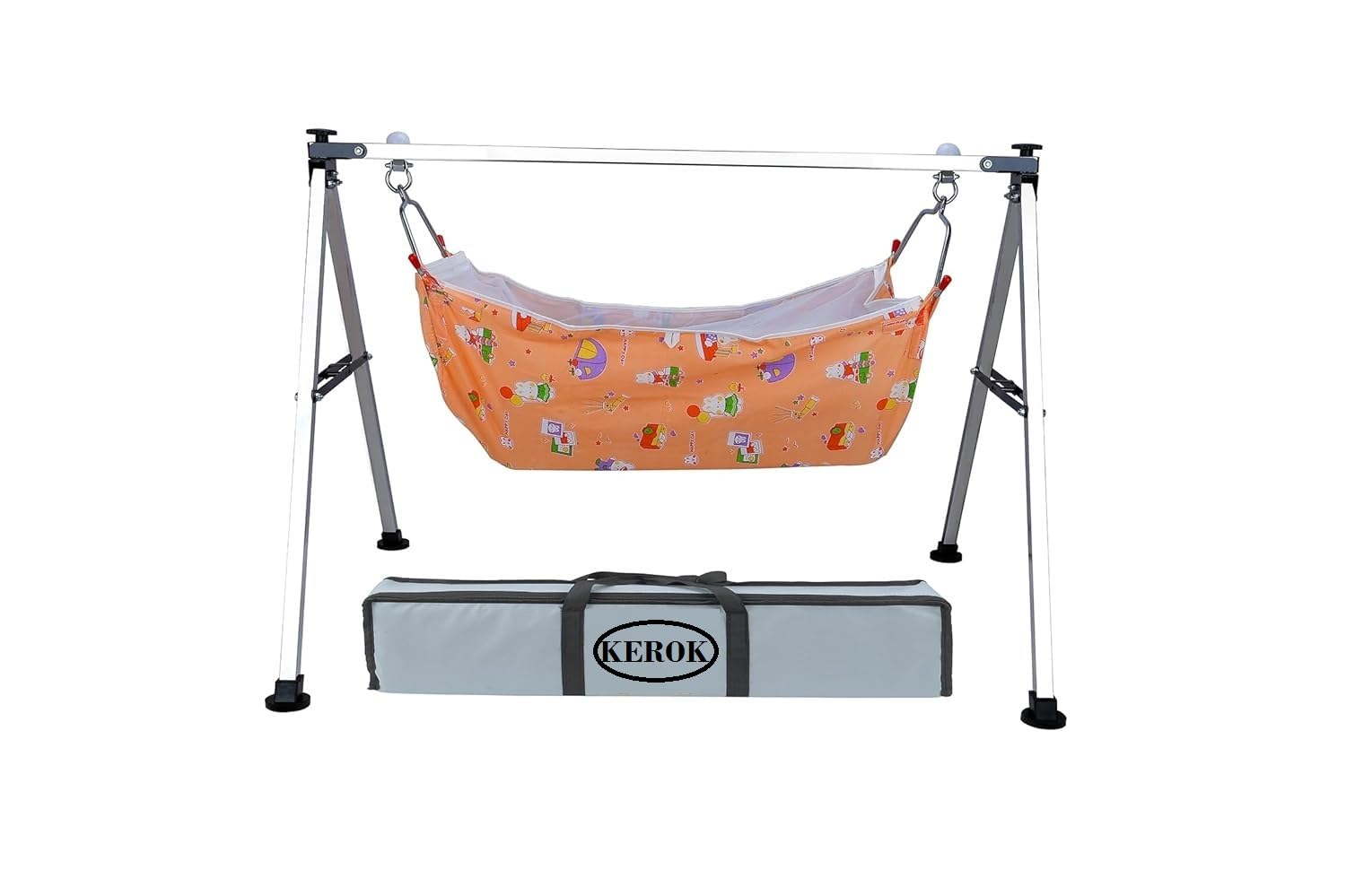 KEROK Born Baby Swing Cradle Jhula for Babies Boy and Girl/Foldable & Portable Palna for Baby/Indian Style Hammock with Mosquito Net/Stainless Steel Body (Squre Swing Cradle)