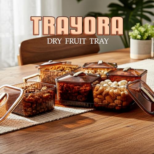 Image of Dry Fruit Serving Set with Tray and Lids, Airtight Container Box, Acrylic Food Grade Candy /Snack Storage for Home /Gifting (6 Pic Set)