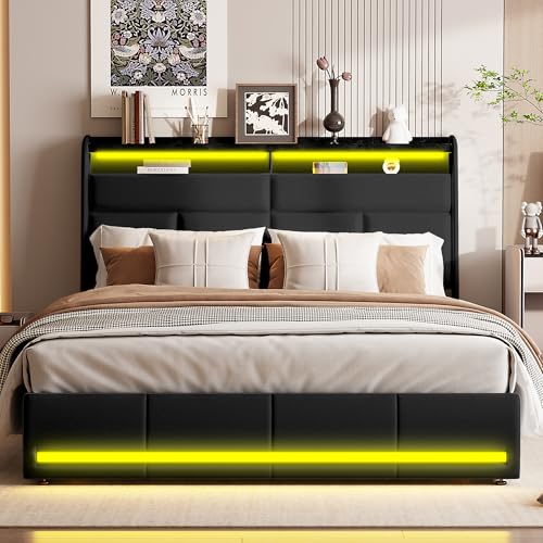 MISNODE Boxspringbett 140 x 200 cm, Doppelbett mit LED-Lichtern, Gepolsterter Bettrahmen aus PU mit Lattenrost, Bett für Erwachsene und Jugendliche, Schwarz (Schwarz-B, 140 x 200 cm)