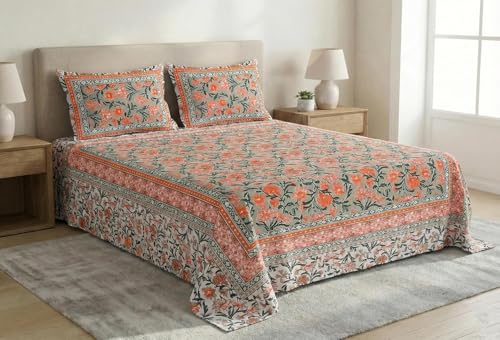 Image of ElanorHomes Cotton Double King Size Bedsheet | Hand Printed | Ultra-Soft & Skin-Safe | Breathable Summer Comfort | 90x108 inches with 2 Pillow Covers (Garden)