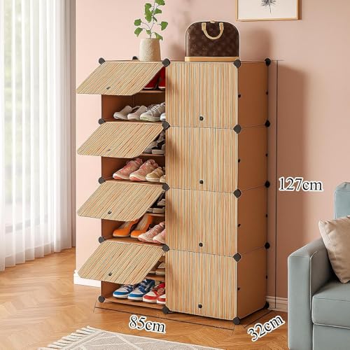 Image of Strassis Design Plastic Shoe Rack for Home | 16 Shelf DIY Shoe Rack with Door Magnets for Home Storage Plastic Box Organizer, Metal Door Frame, Chappal Slipper Sandals Stand (Wood Color)