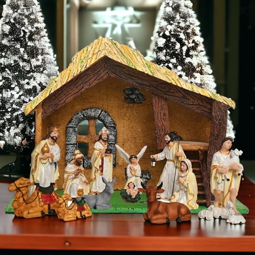 Image of KariGhar Nativity /Crib Idols Set of 16 Pieces [Pack - Crib House,Mary, Joseph, Baby Jesus, Angel, 3 Wise Men, The Shepherd, 7 Animals], Multicolour, 6 Inch Set, A0098